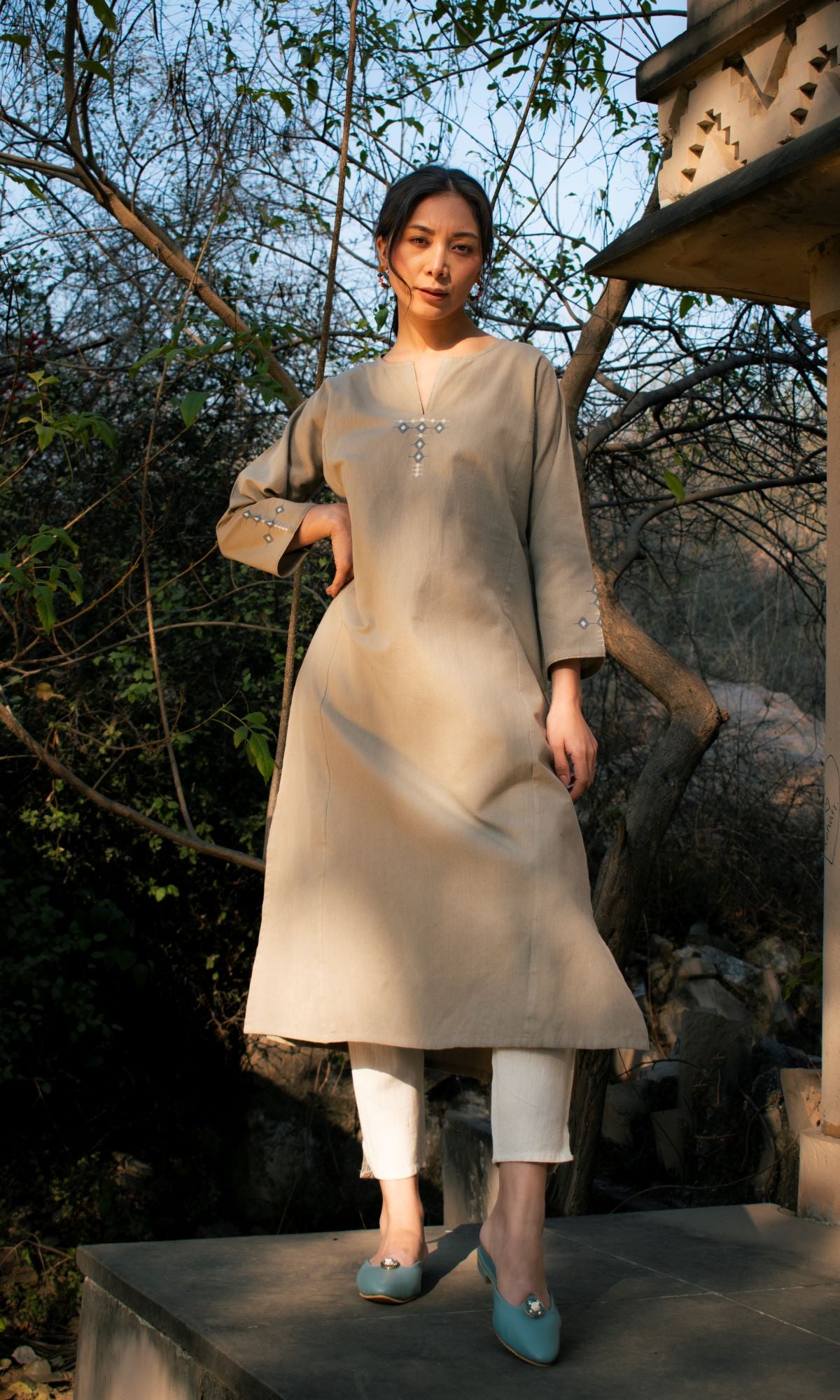 Akriti Beige Handwoven Extra-Weft panelled long kurta