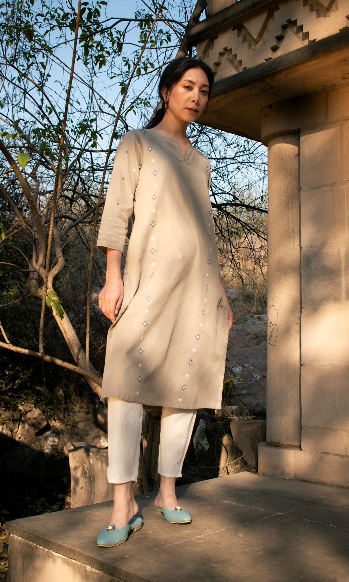 Akriti Beige Handwoven Extra-Weft Slit Neckline Kurta
