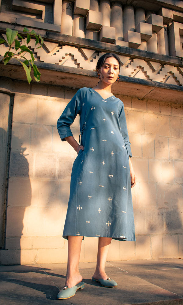 Akriti Blue Handwoven Extra-Weft V neck Dress