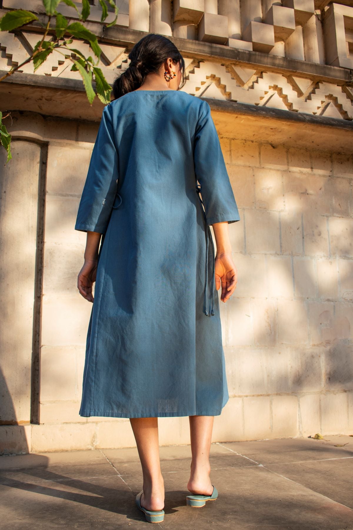 Akriti Blue Handwoven Extra-Weft V neck Dress