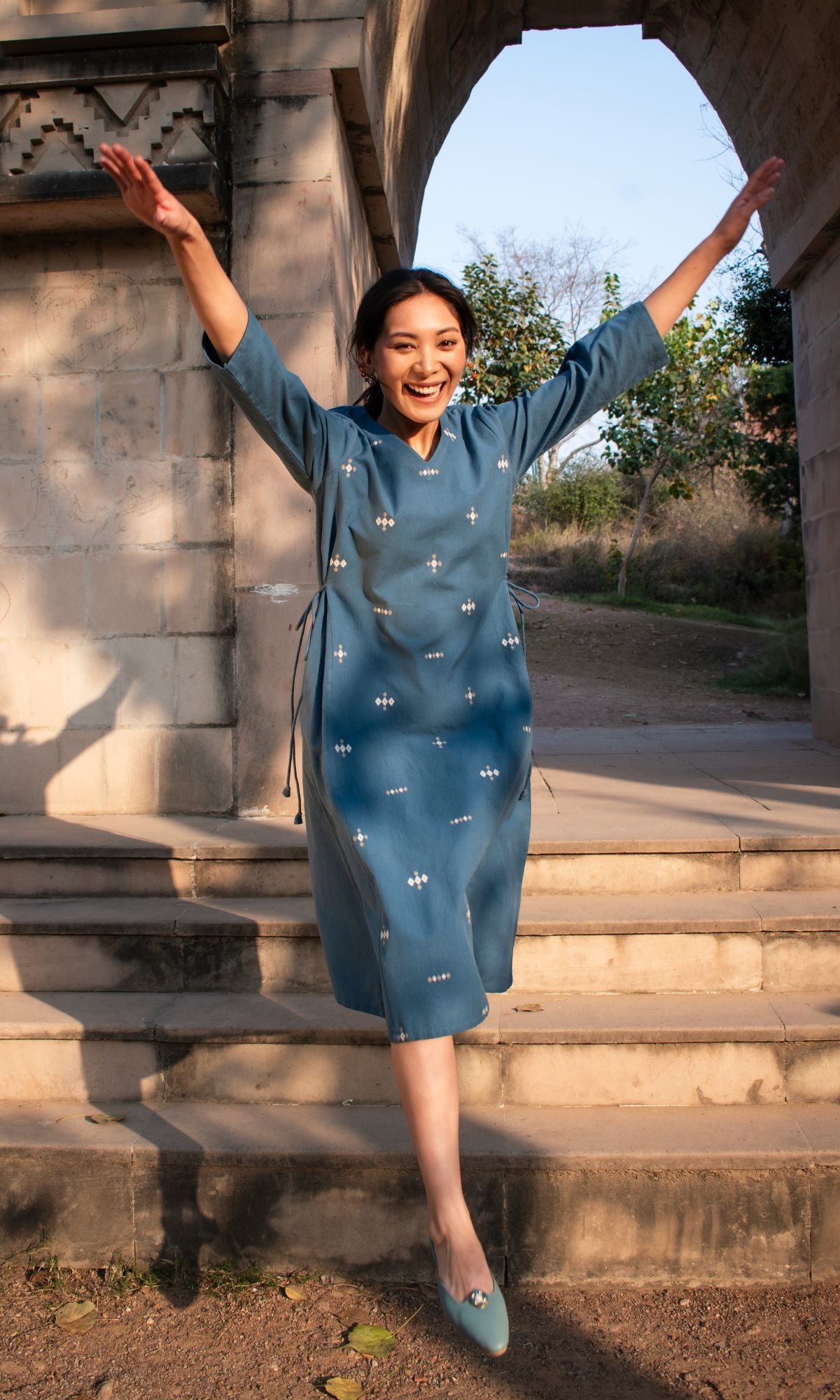 Akriti Blue Handwoven Extra-Weft V neck Dress