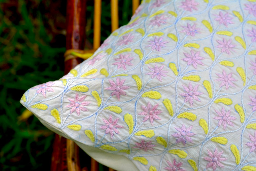 Bageecha Pink & Lemon Chikankari Ogee Cushion Cover (Small)