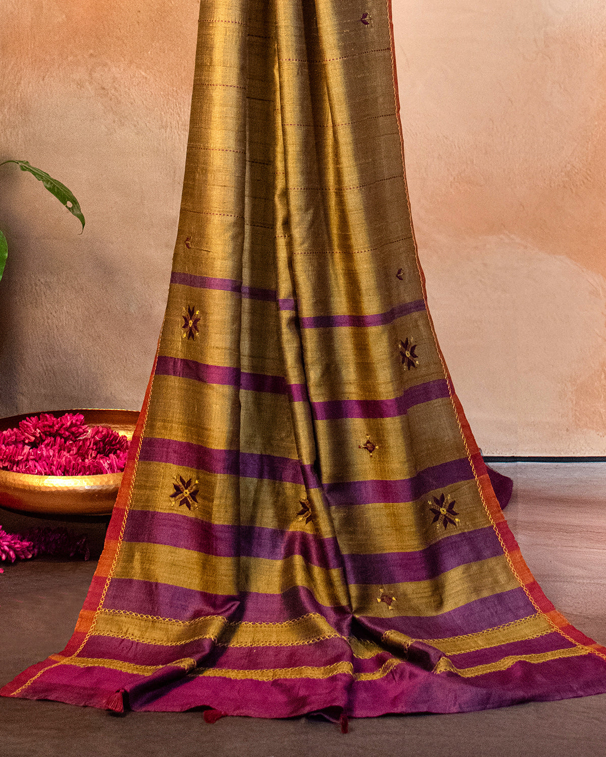 Sunehri Tussar Saree with Soof Hand Embriodery