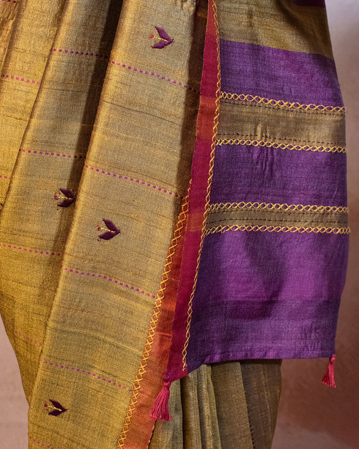 Sunehri Tussar Saree with Soof Hand Embriodery