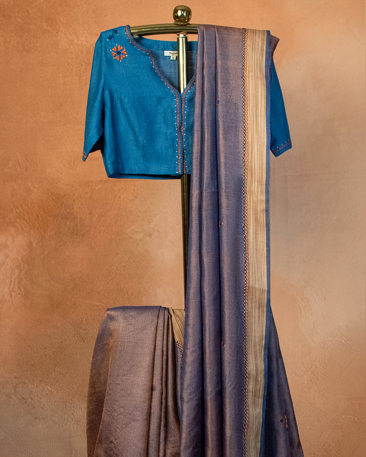 Khaki Blue Tussar Saree with Soof Hand Embroidery