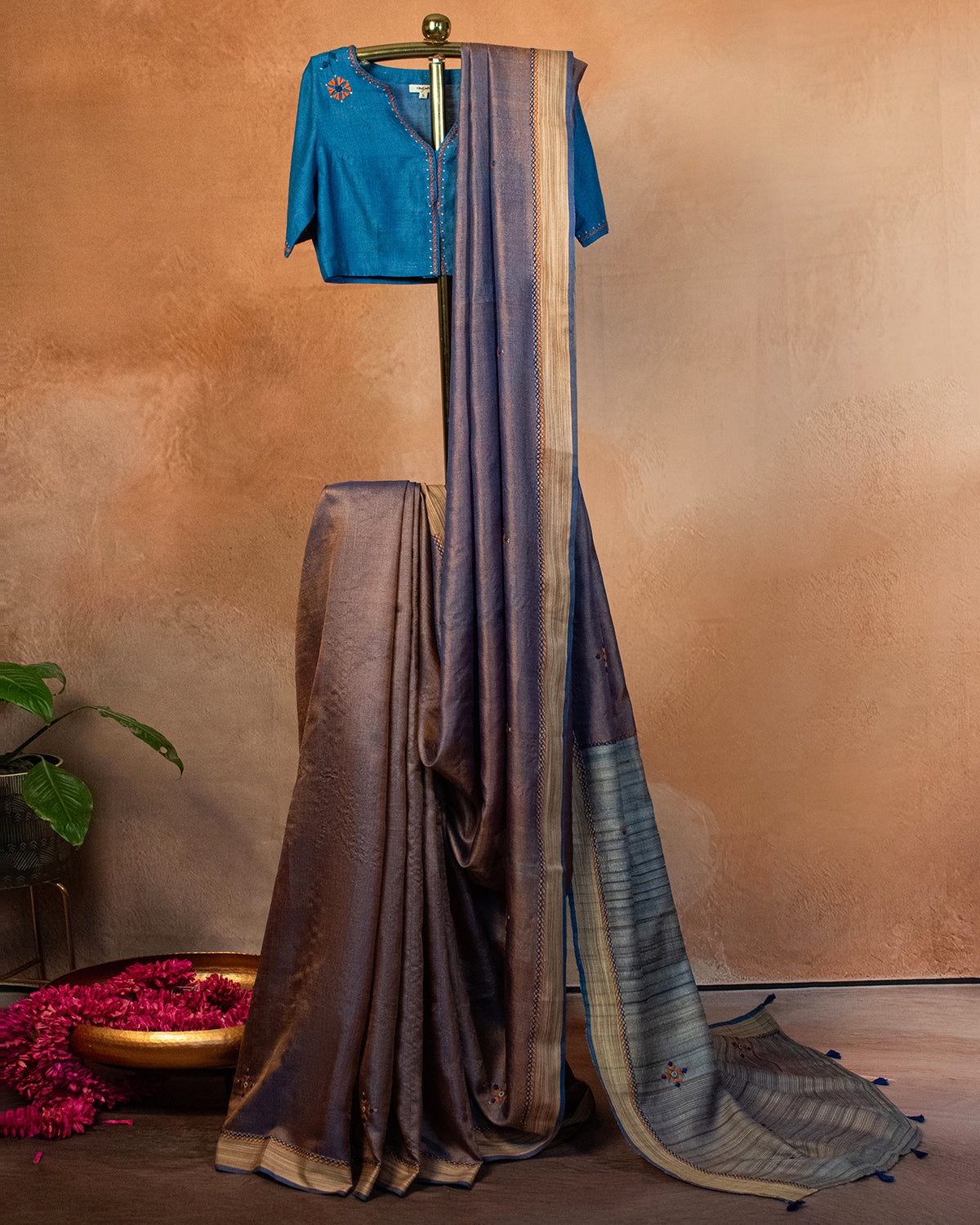Khaki Blue Tussar Saree with Soof Hand Embroidery