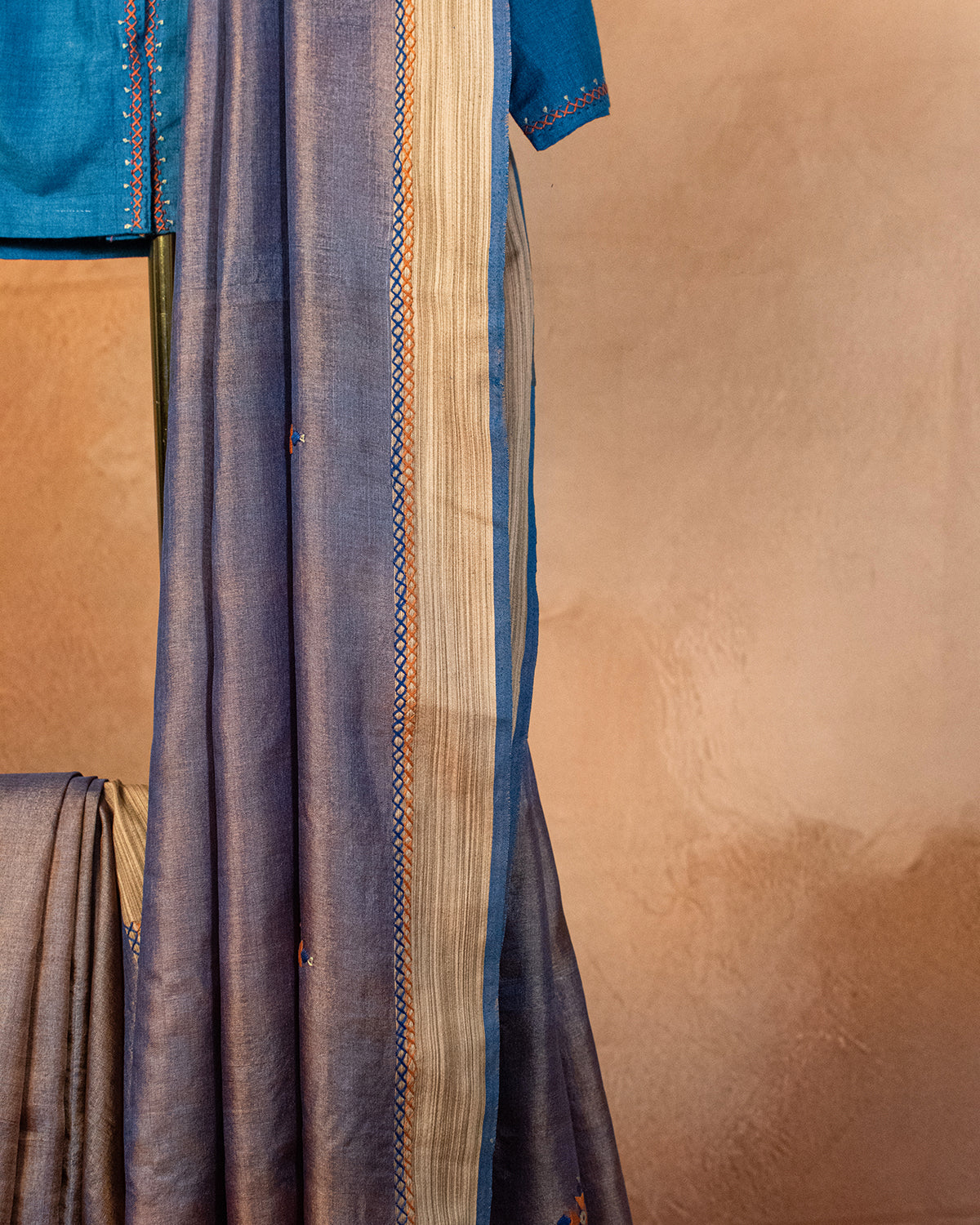 Khaki Blue Tussar Saree with Soof Hand Embroidery