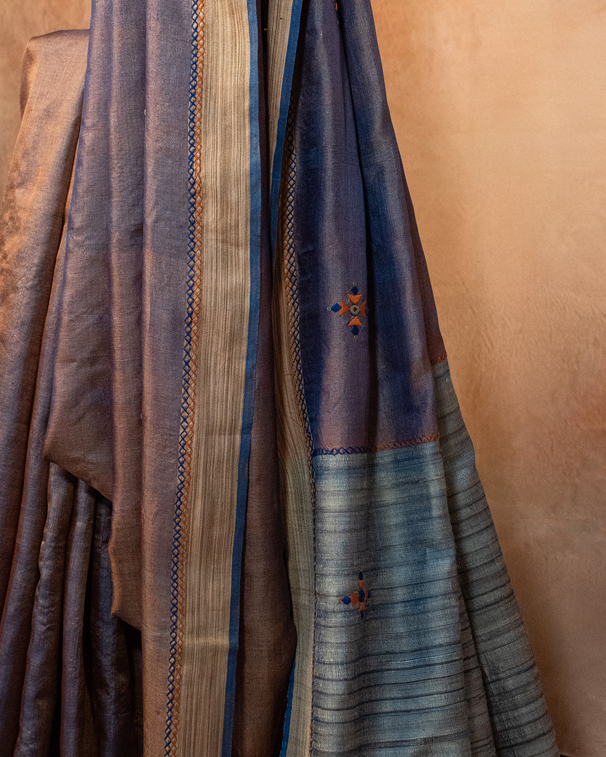 Khaki Blue Tussar Saree with Soof Hand Embroidery