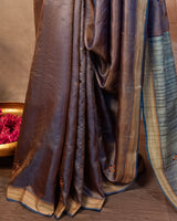 Khaki Blue Tussar Saree with Soof Hand Embroidery