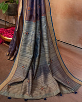 Khaki Blue Tussar Saree with Soof Hand Embroidery