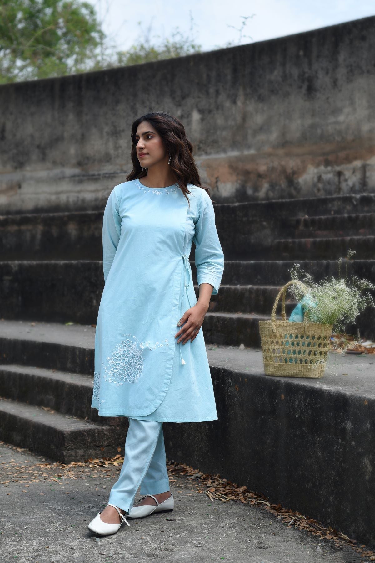 Nargis Blue Kashmiri Crewel Hand Embroidered Cotton Angrakha Kurta