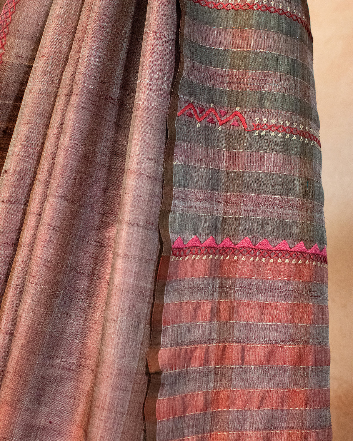 Terracotta Tussar Saree with Soof Hand Embroidery