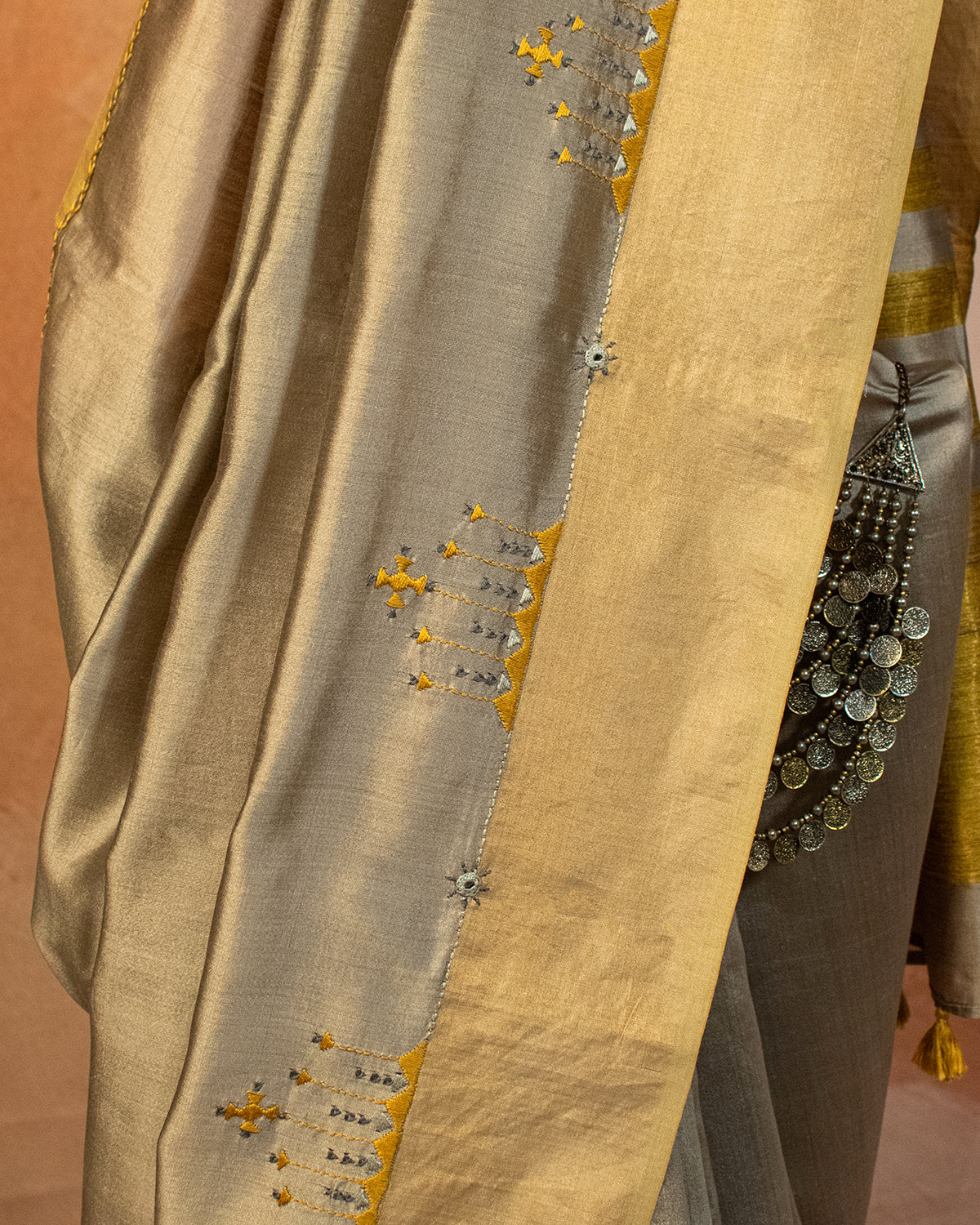 Shimmer Glow Tussar Saree with Soof Hand Embroidery