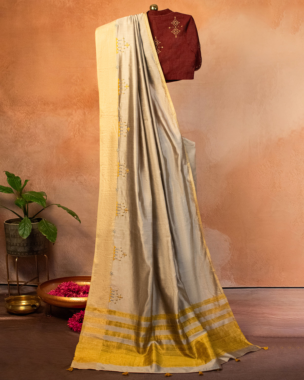 Shimmer Glow Tussar Saree with Soof Hand Embroidery