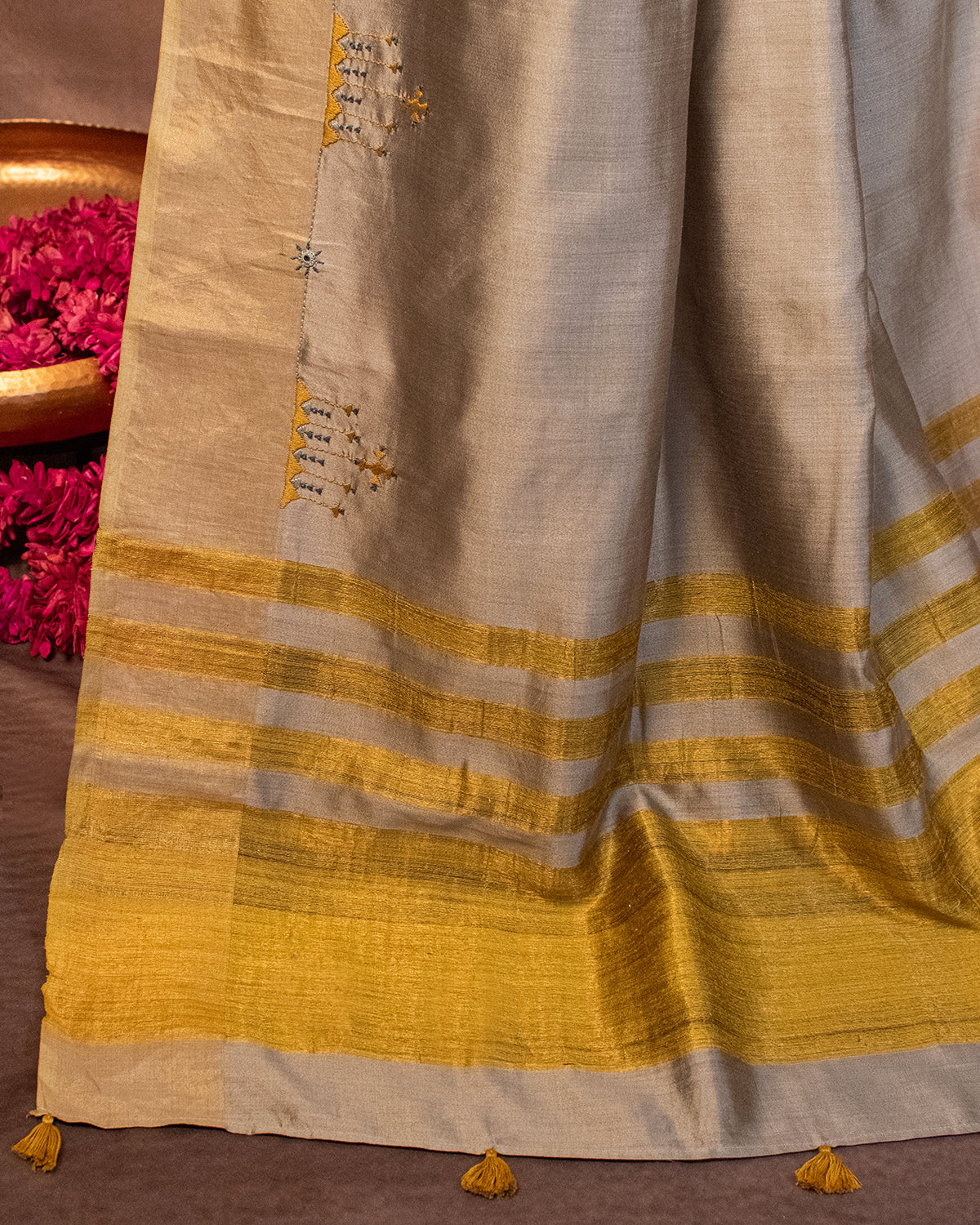 Shimmer Glow Tussar Saree with Soof Hand Embroidery