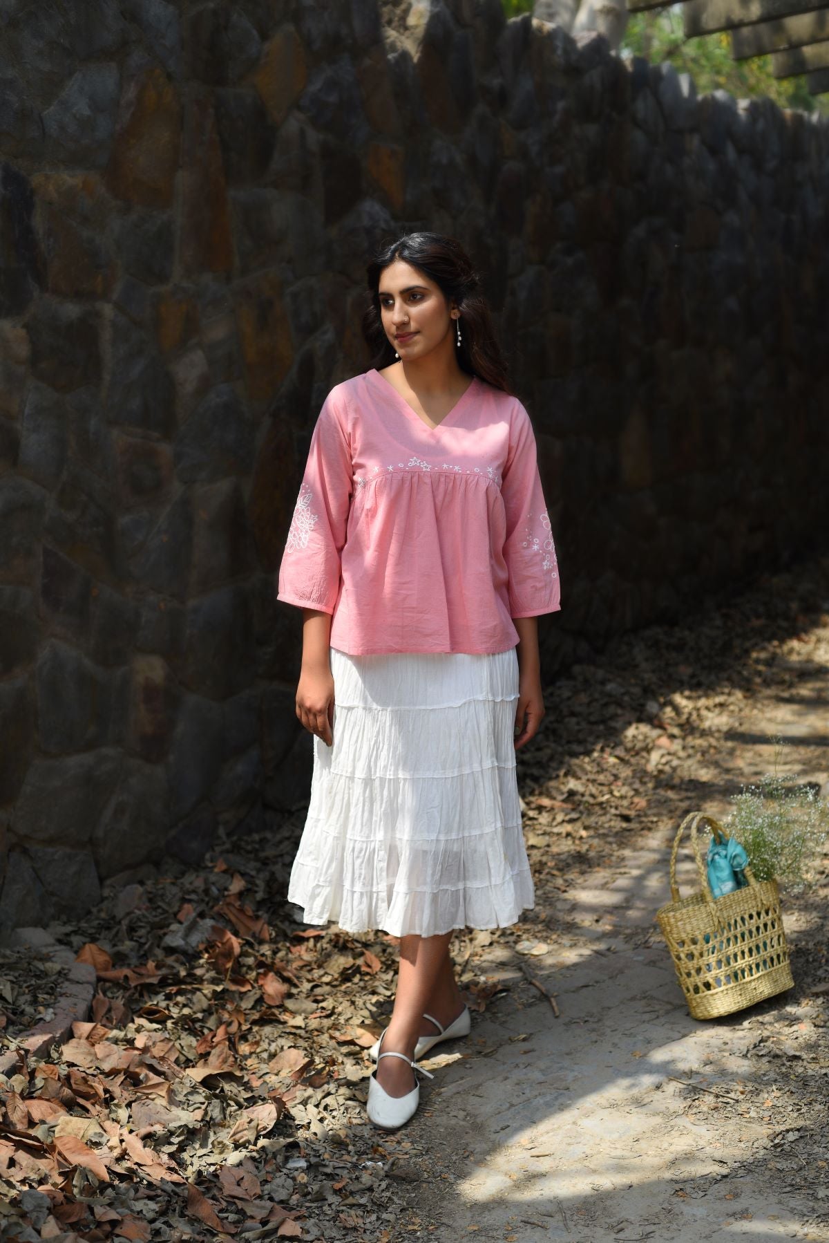 Nargis Pink Kashmiri Crewel Hand Embroidered  Cotton V-Neck Top