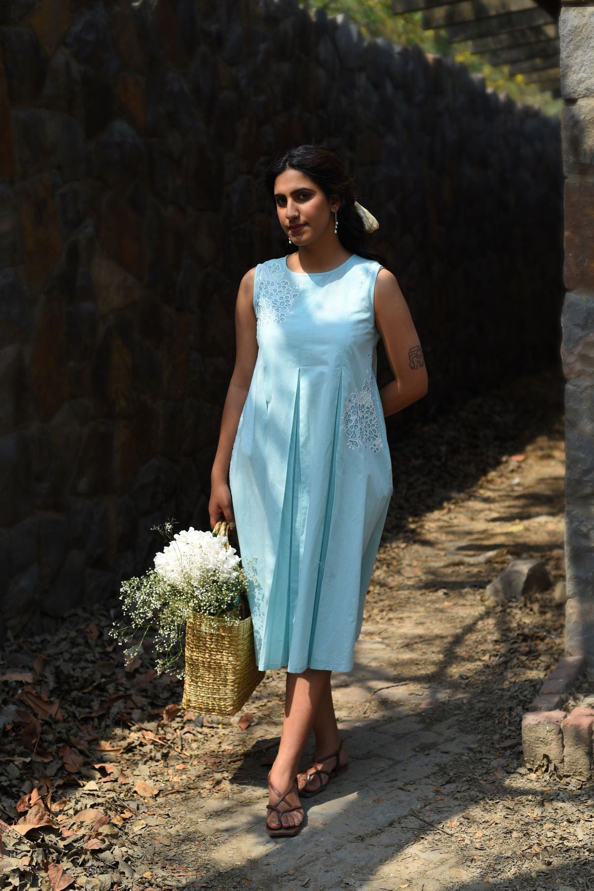 Nargis Blue Kashmiri Crewel Hand Embroidered Long Cotton Dress
