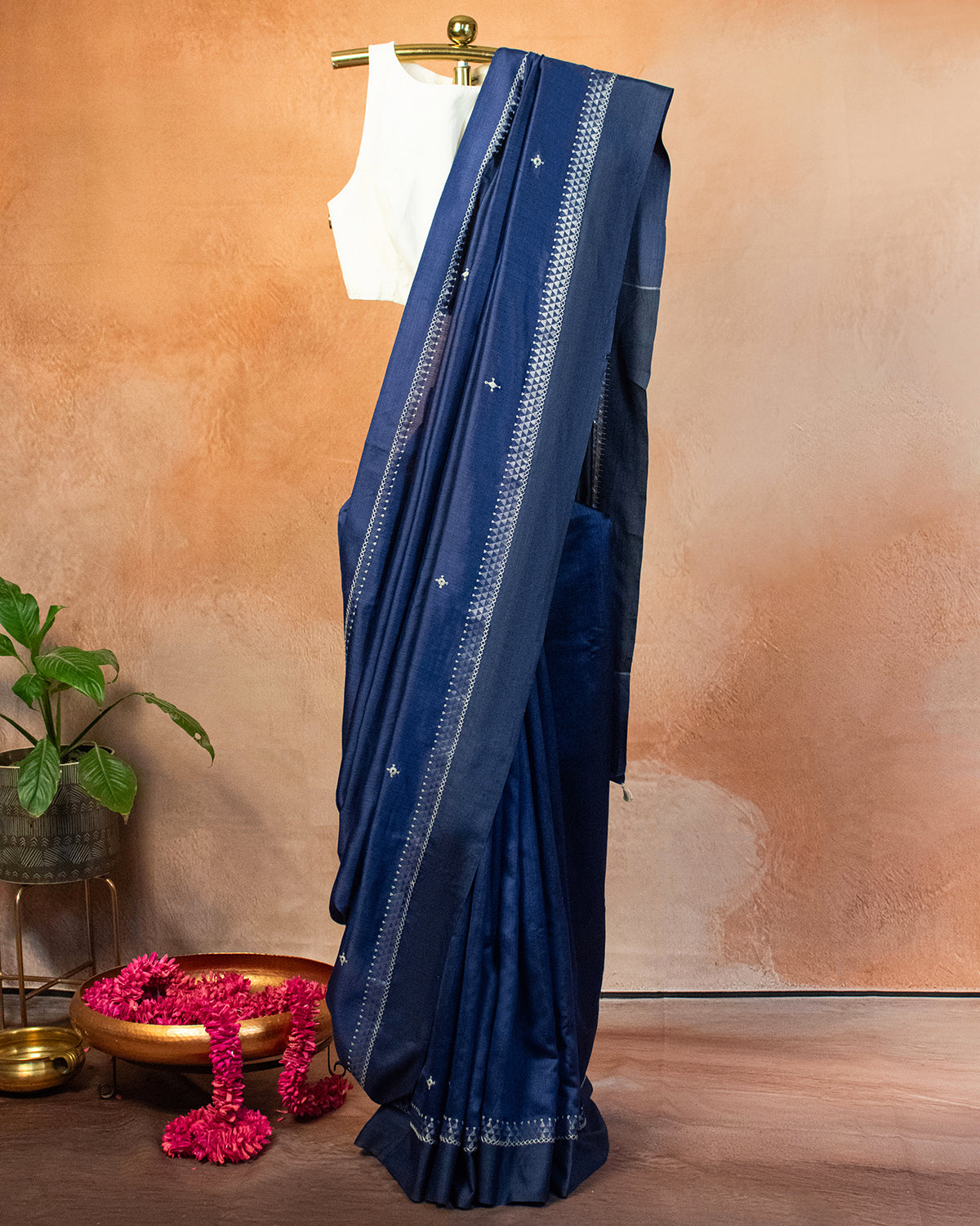 Midnight Blue Muga Saree with Soof Hand Embriodery
