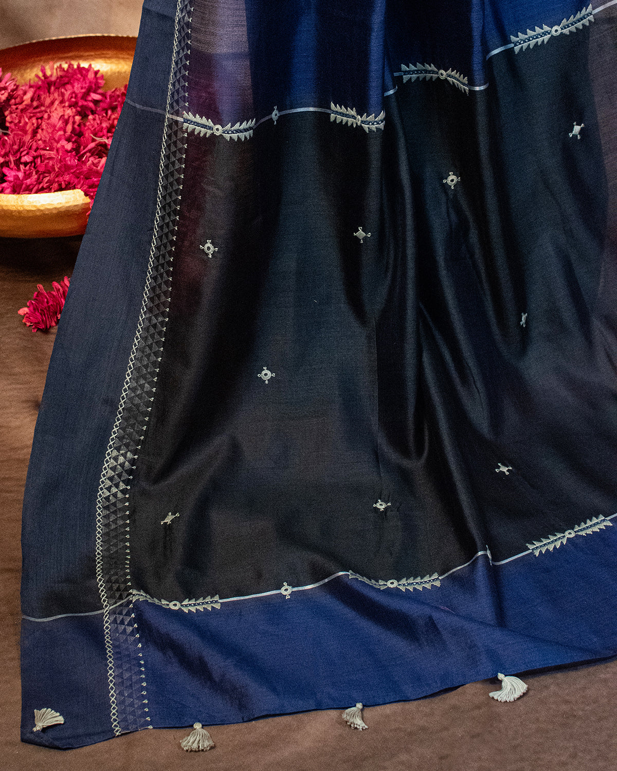 Midnight Blue Muga Saree with Soof Hand Embriodery