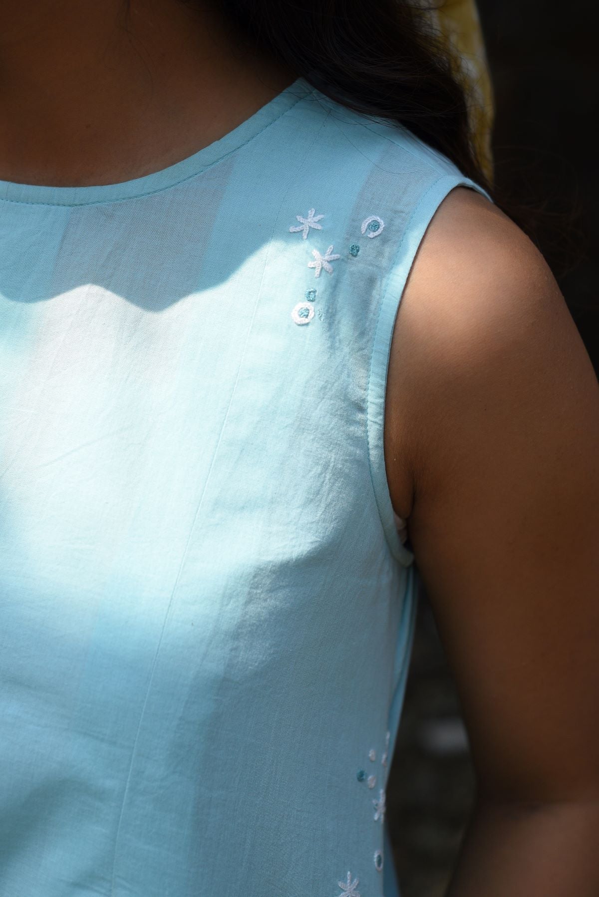 Nargis Blue Kashmiri Crewel Hand Embroidered Long Cotton Dress