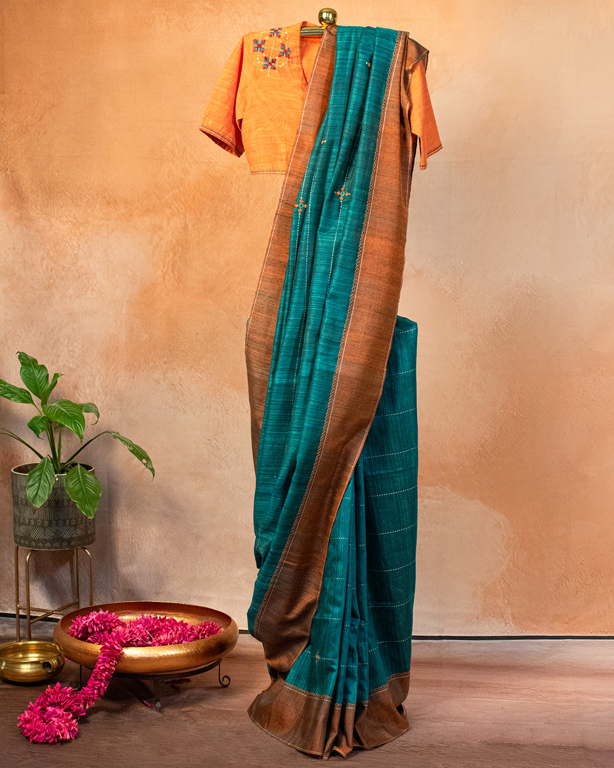 Teal Green Eri Saree with Soof Hand Embroidery