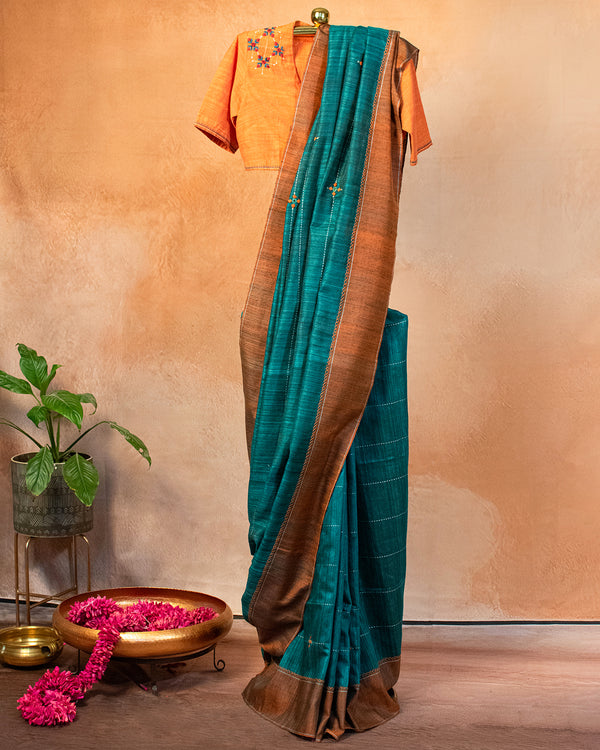 Teal Green Eri Saree with Soof Hand Embroidery