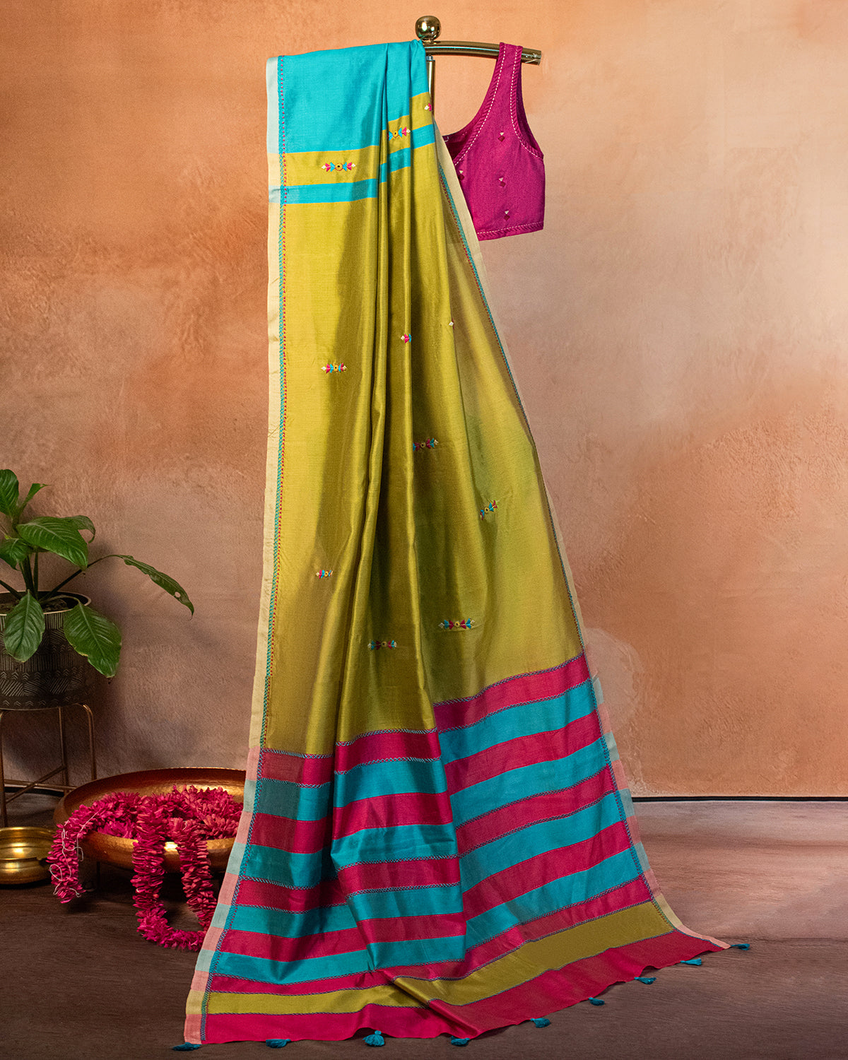 Olive Green Eri Saree with Soof Hand Embroidery