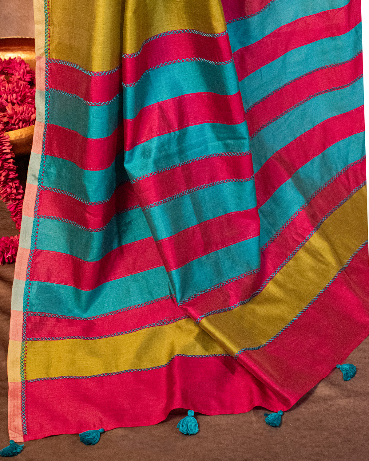 Olive Green Eri Saree with Soof Hand Embroidery