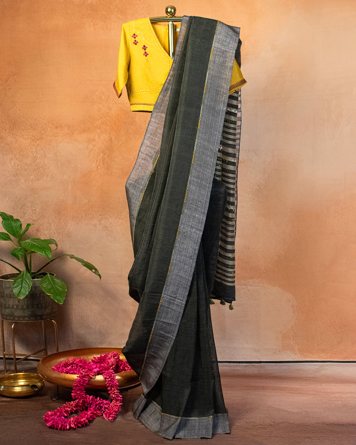 Charcoal Tussar Saree with Soof Hand Embroidery