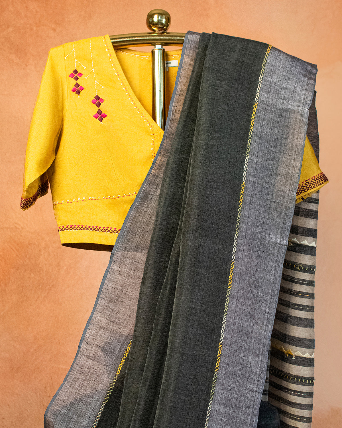 Charcoal Tussar Saree with Soof Hand Embroidery