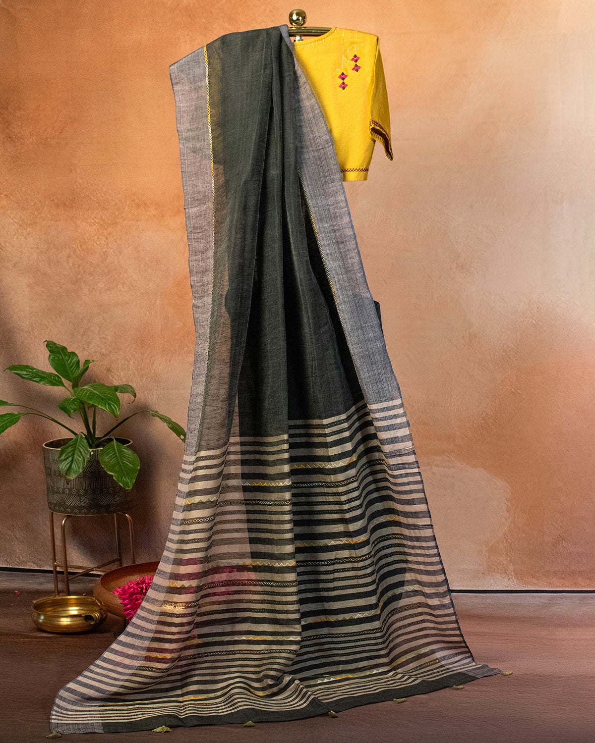Charcoal Tussar Saree with Soof Hand Embroidery
