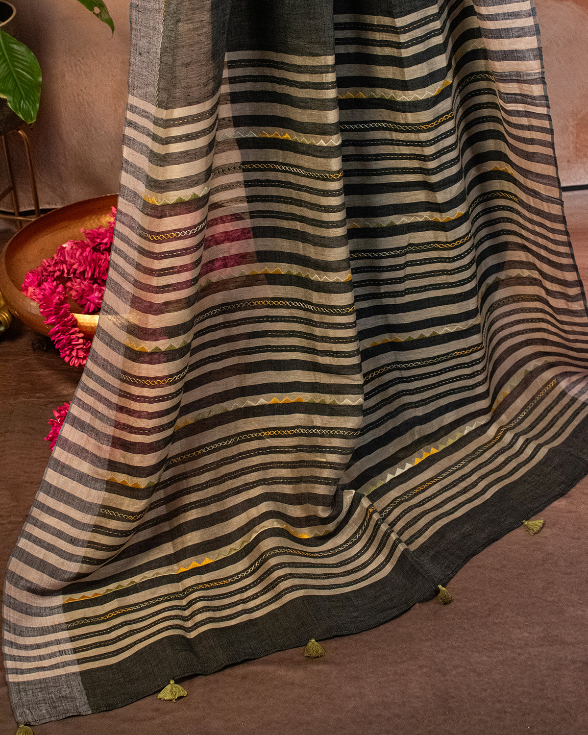 Charcoal Tussar Saree with Soof Hand Embroidery