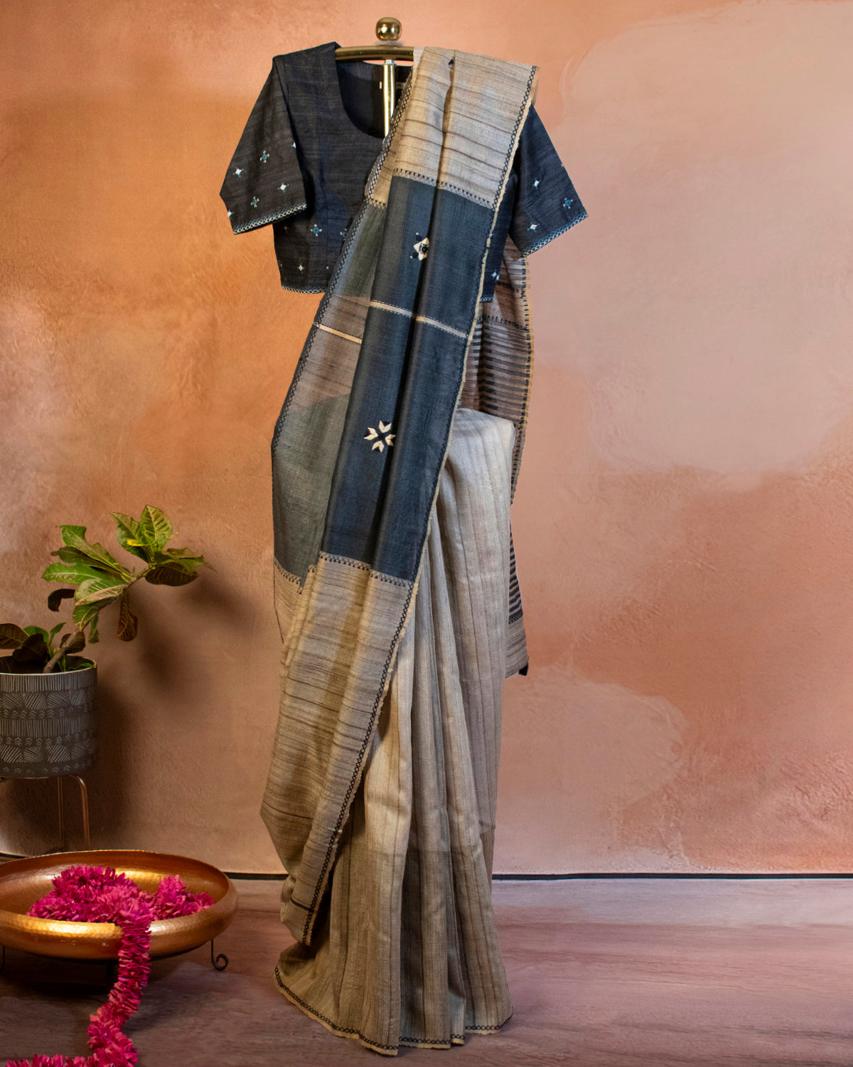 Kaala-Saleti Tussar Saree with Soof Hand Embroidery