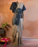 Kaala-Saleti Tussar Saree with Soof Hand Embroidery