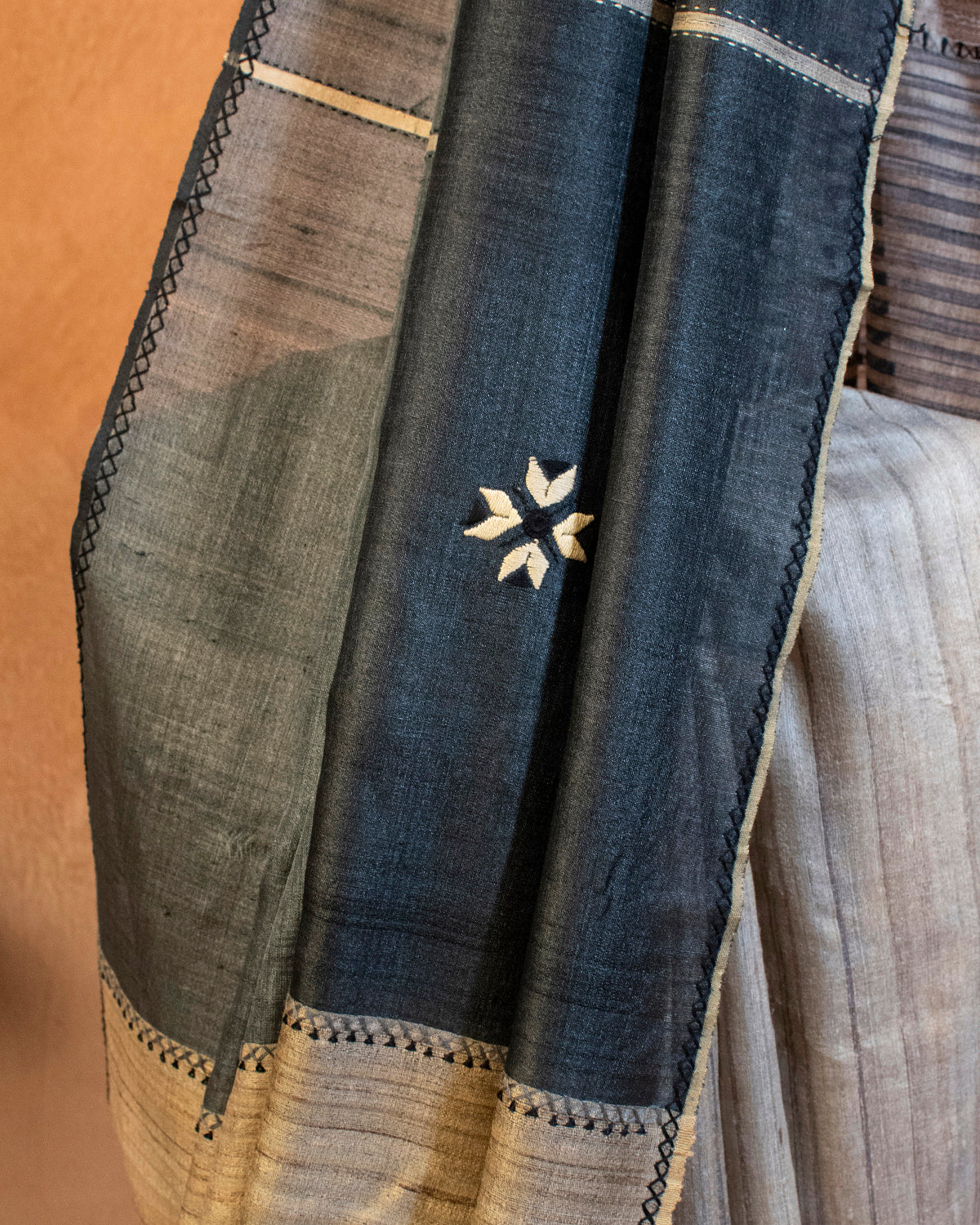 Kaala-Saleti Tussar Saree with Soof Hand Embroidery