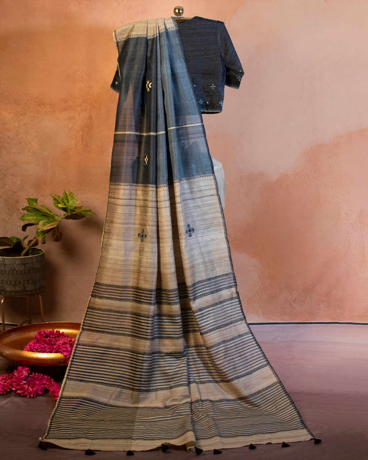 Kaala-Saleti Tussar Saree with Soof Hand Embroidery