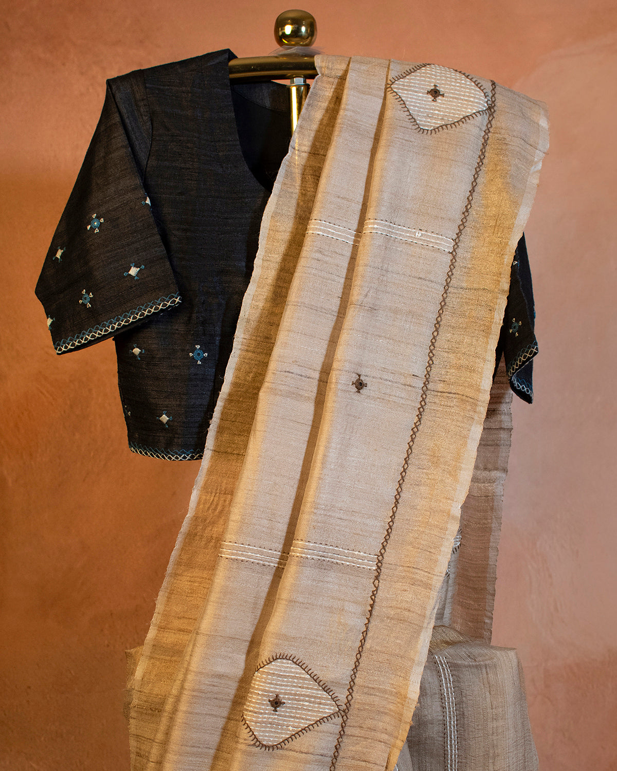 Beige Tussar Saree with Soof Hand Embroidery