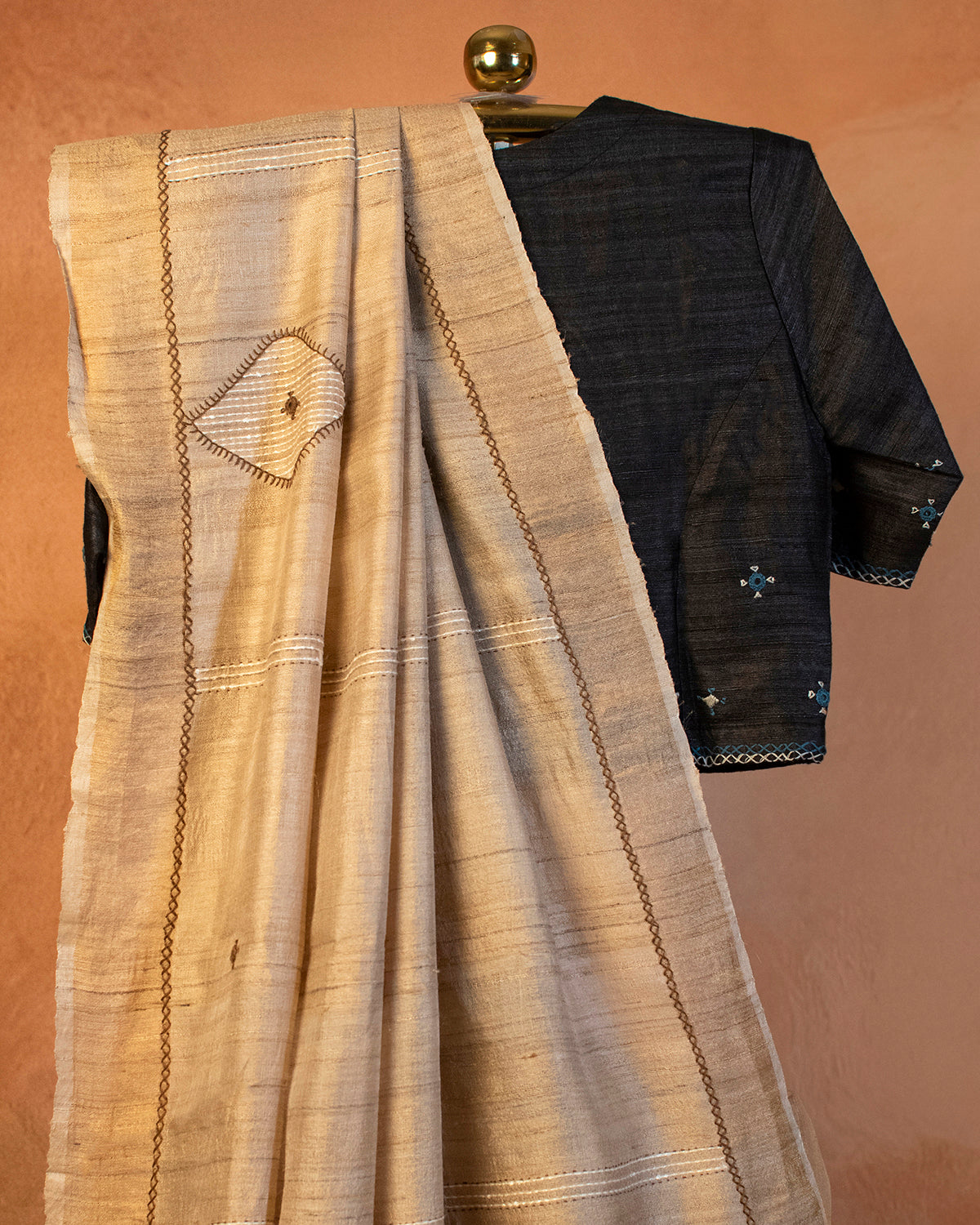 Beige Tussar Saree with Soof Hand Embroidery
