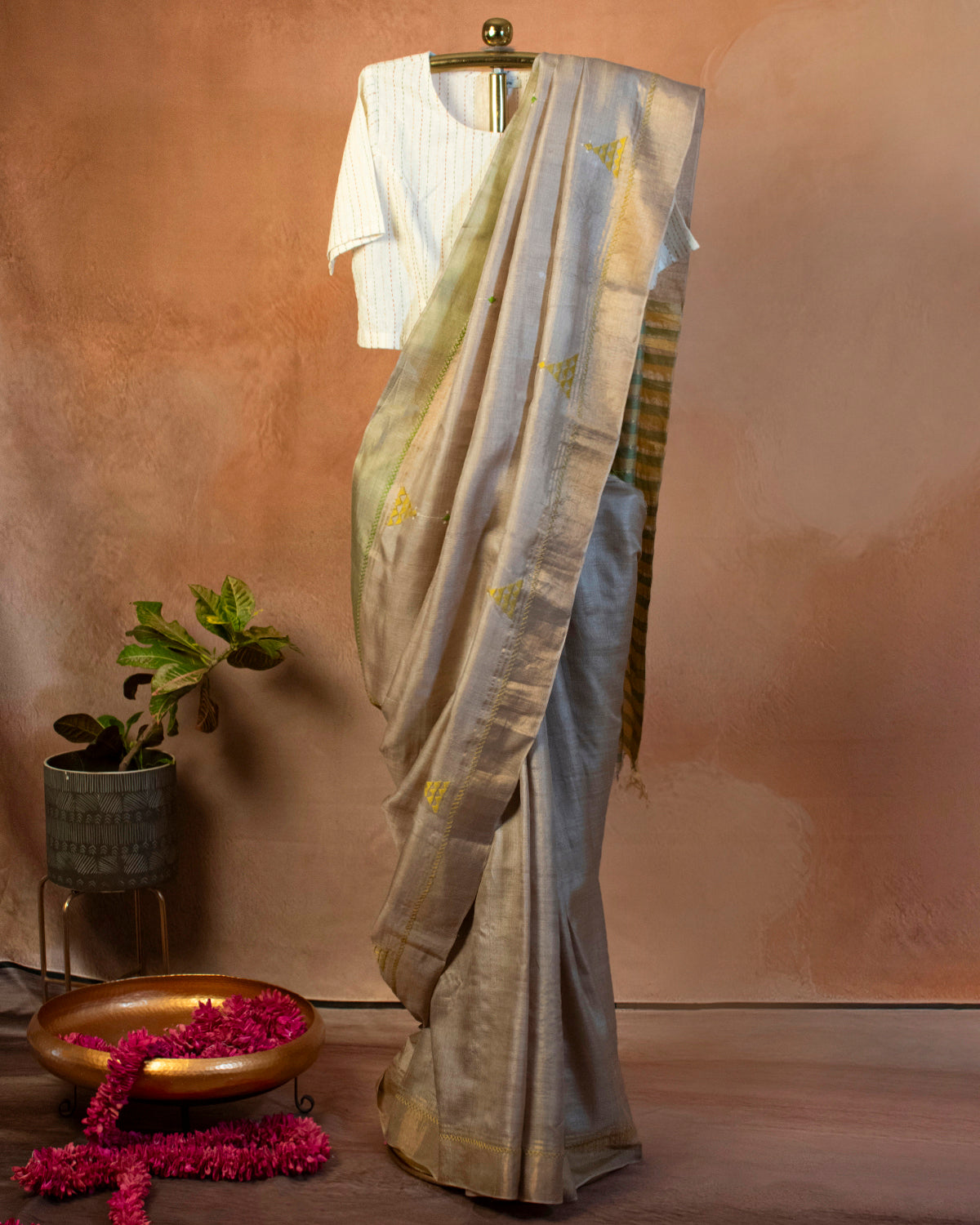 Sona-Chandi Tussar Saree with Soof Hand Embroidery