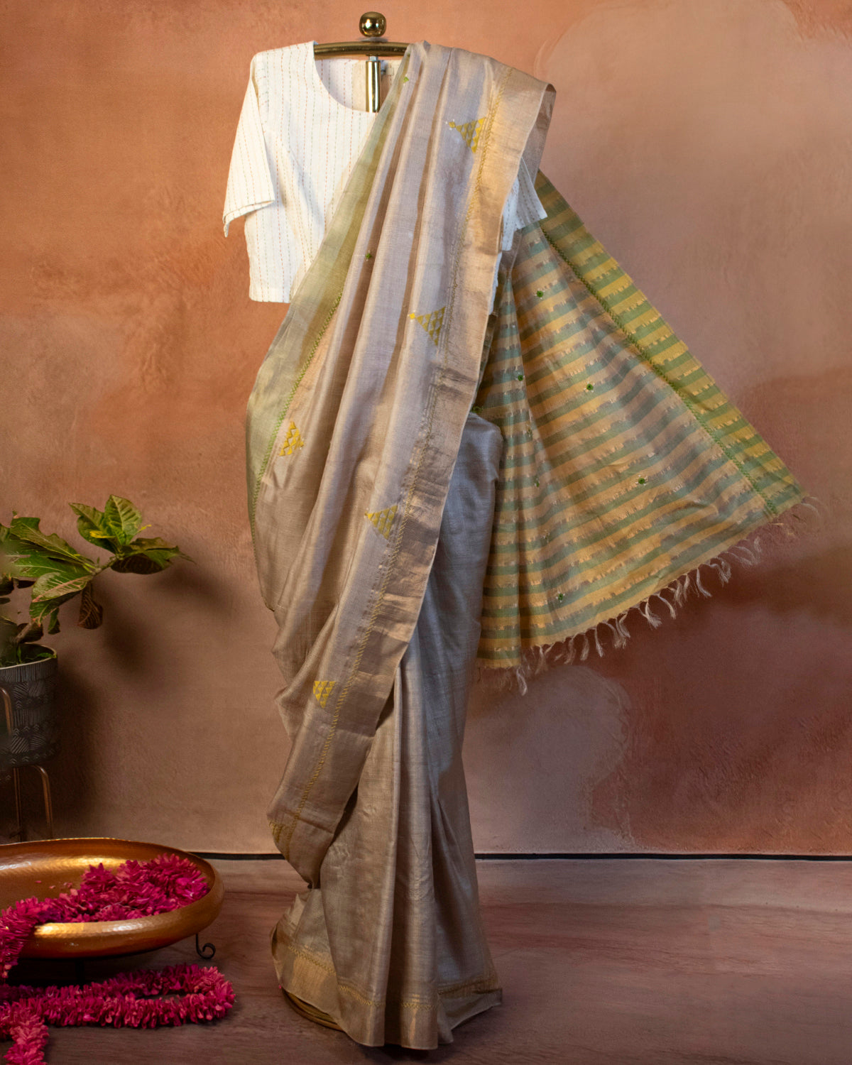 Sona-Chandi Tussar Saree with Soof Hand Embroidery