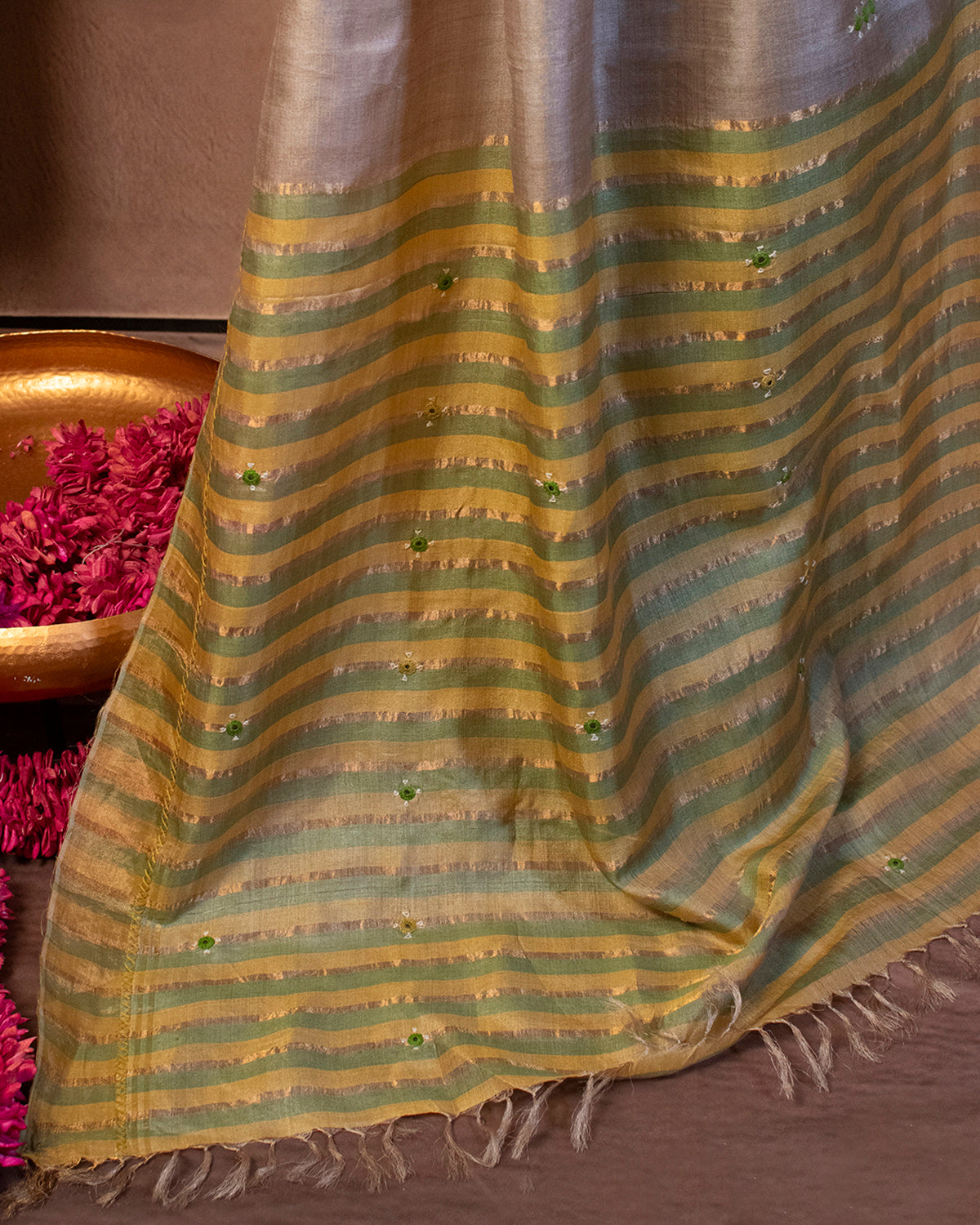 Sona-Chandi Tussar Saree with Soof Hand Embroidery
