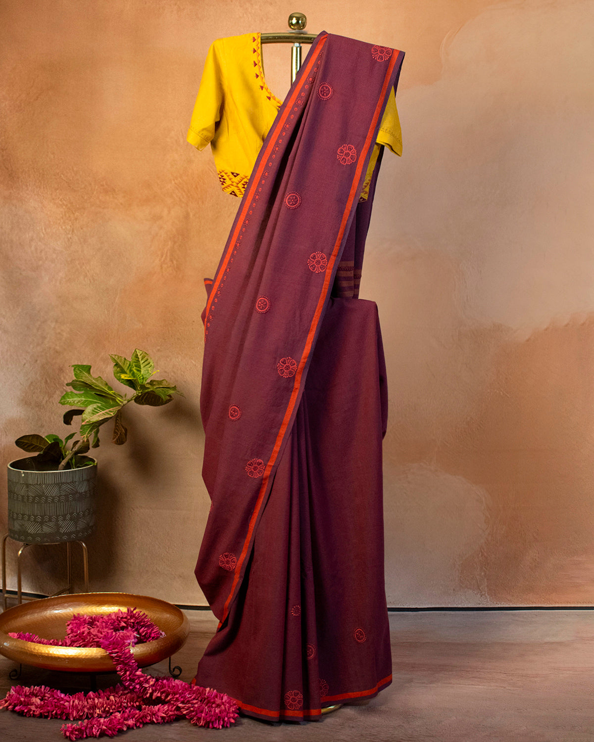 Purple Cotton Saree with Hand Embroidery