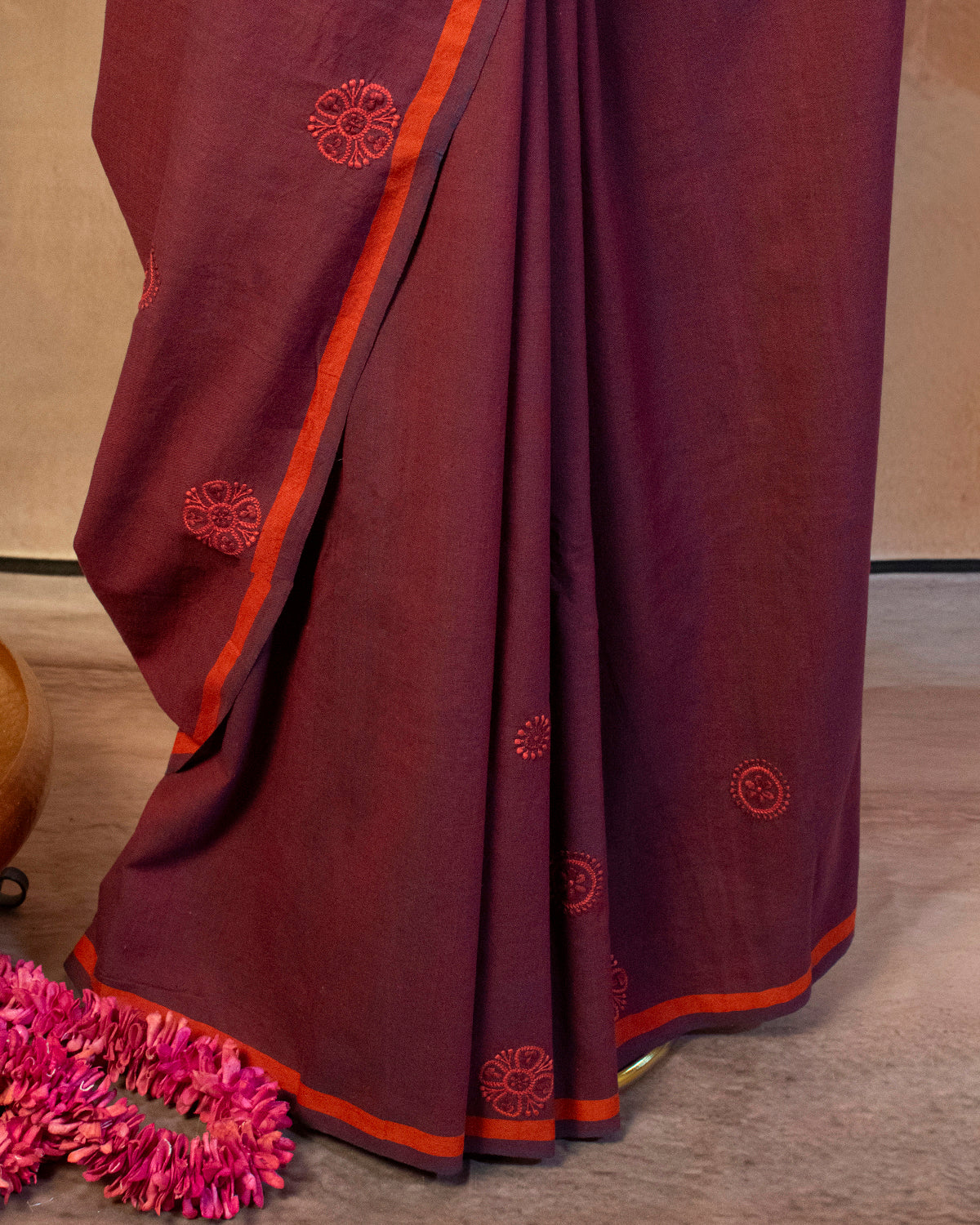 Purple Cotton Saree with Hand Embroidery