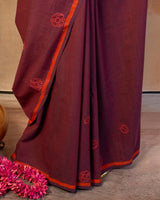 Purple Cotton Saree with Hand Embroidery