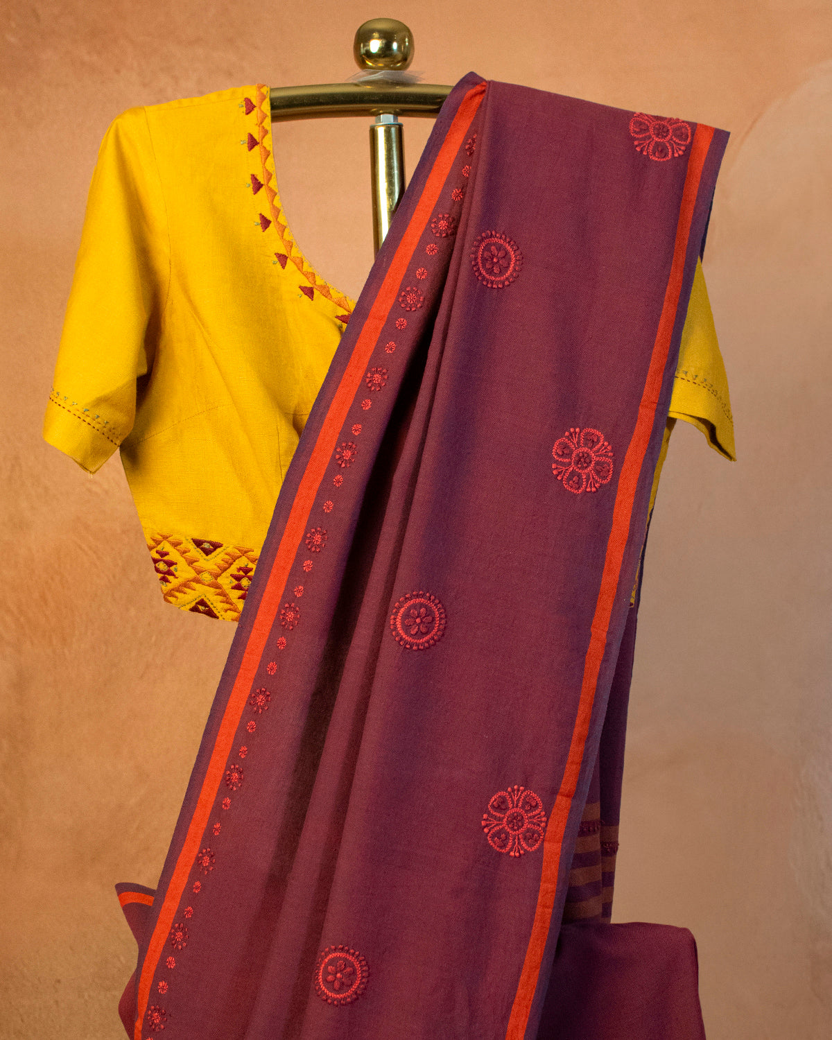 Purple Cotton Saree with Hand Embroidery