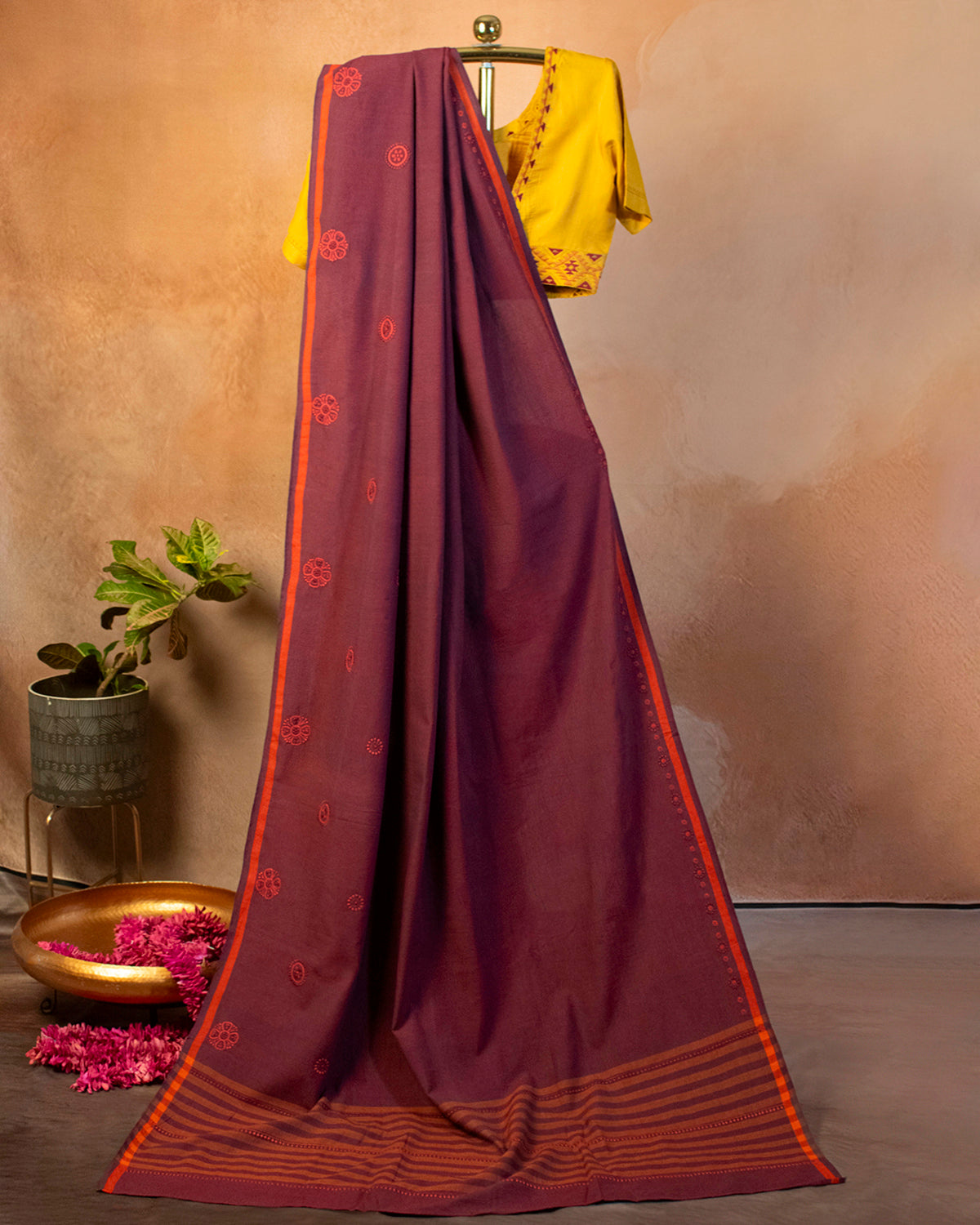 Purple Cotton Saree with Hand Embroidery