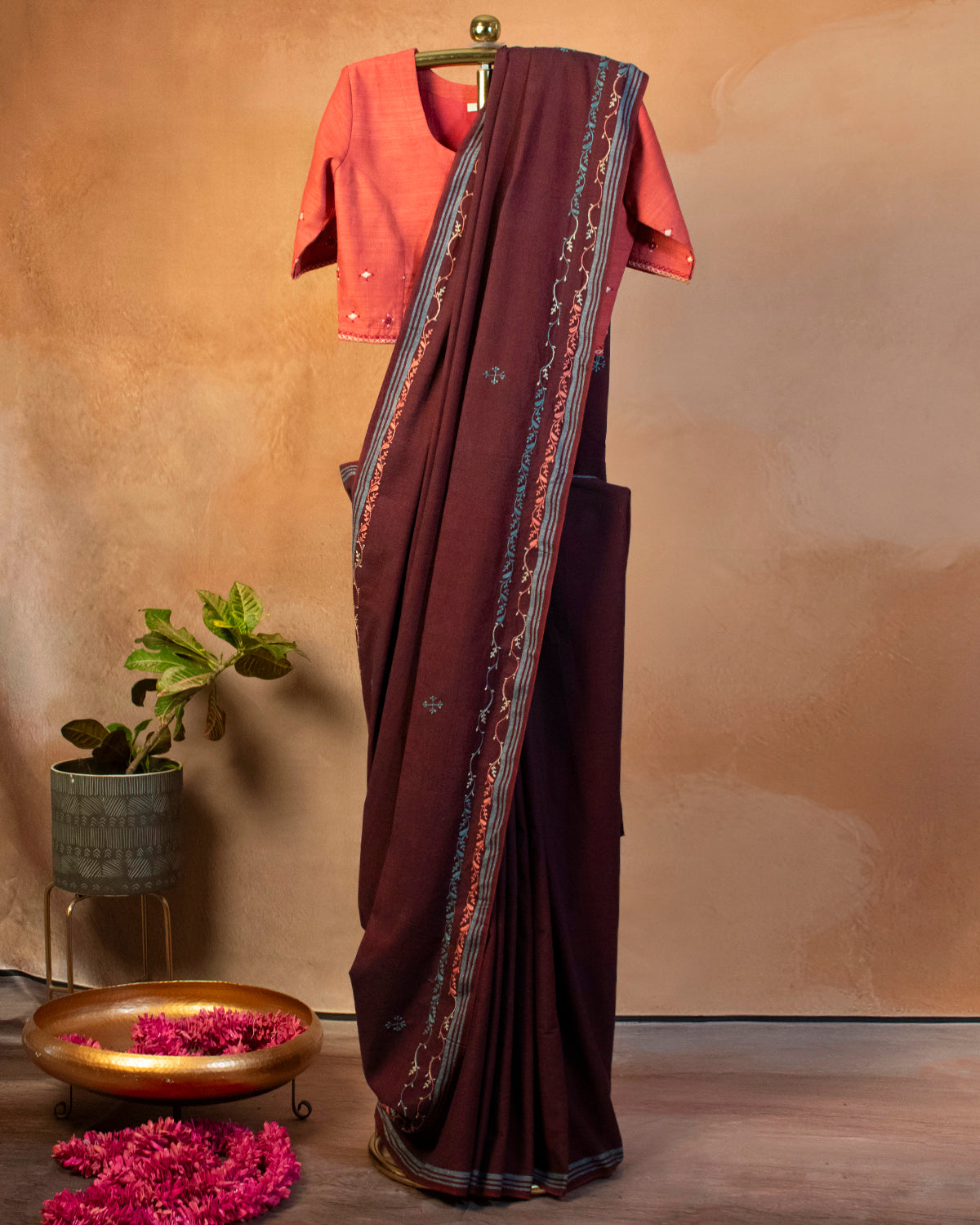 Gahra Laal Cotton Saree with Hand Embroidery