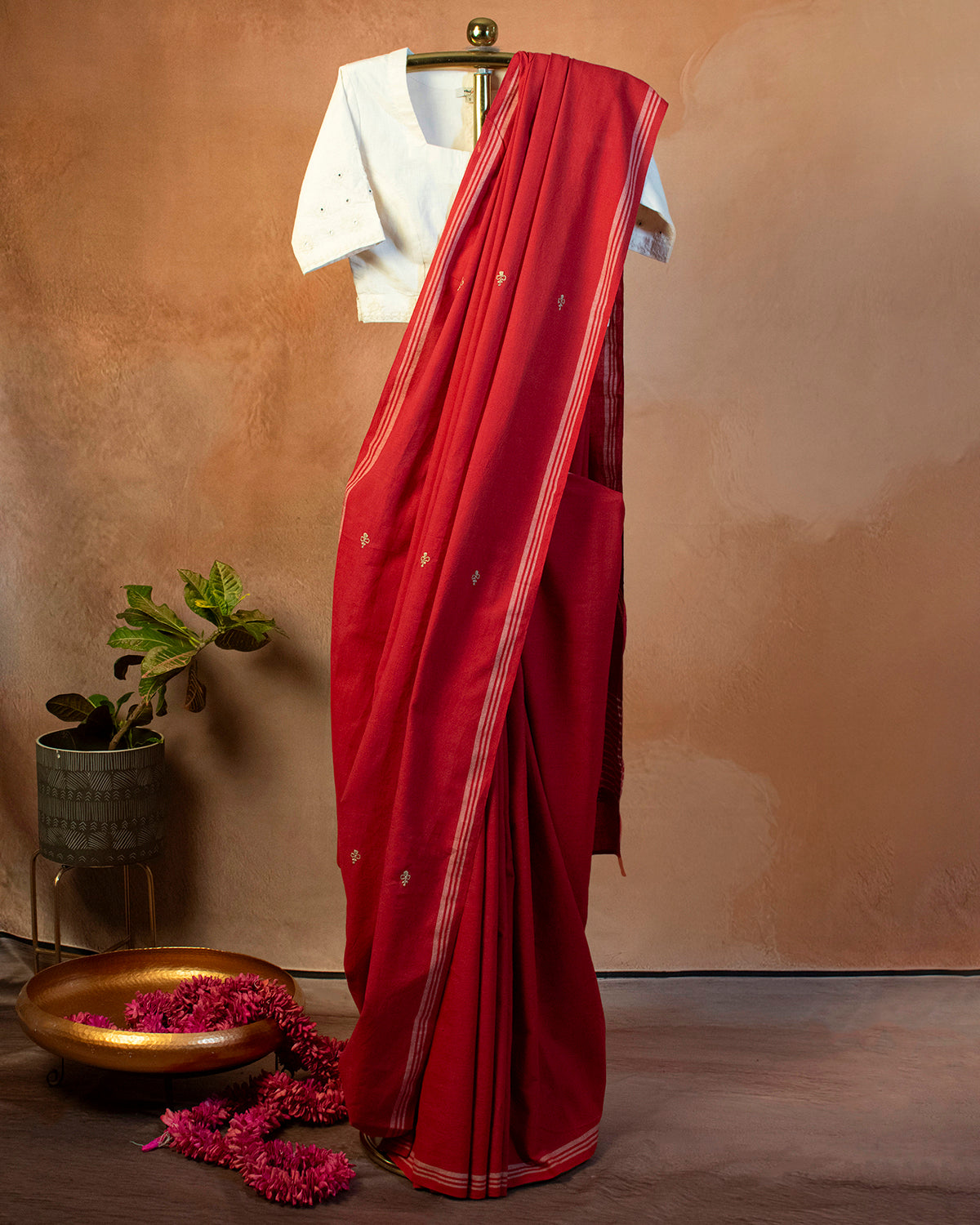 Surkh Cotton Saree with Hand Embroidery