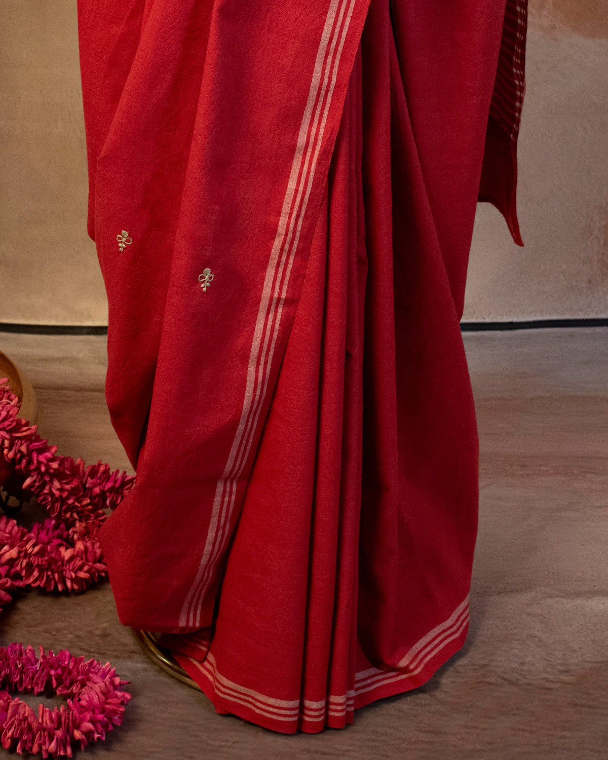 Surkh Cotton Saree with Hand Embroidery