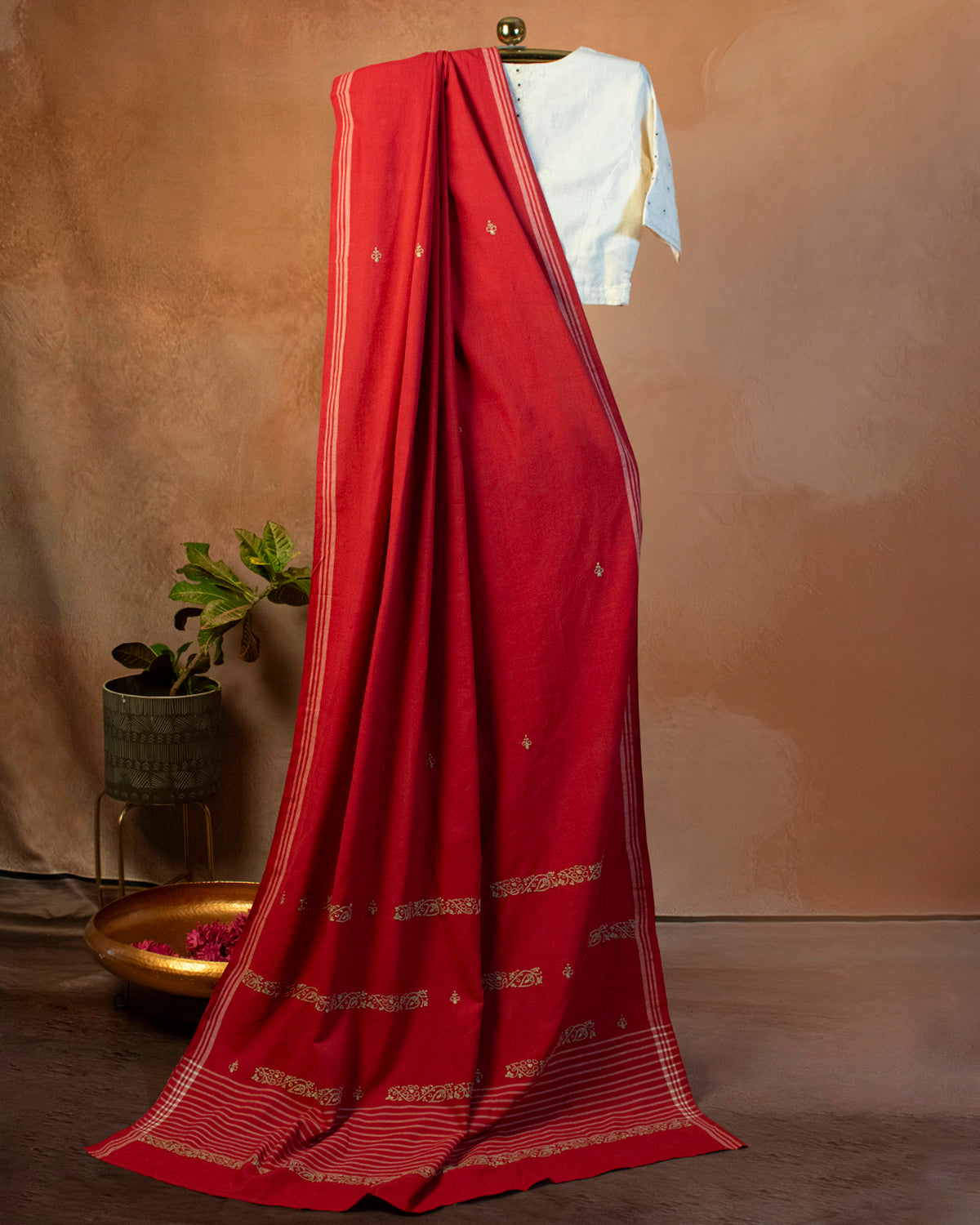 Surkh Cotton Saree with Hand Embroidery